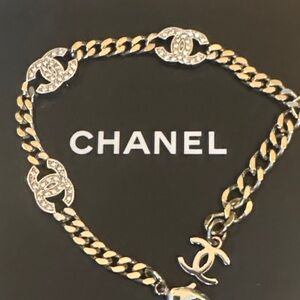 CHANEL Champagne Gold and Silver Logo Bracelet